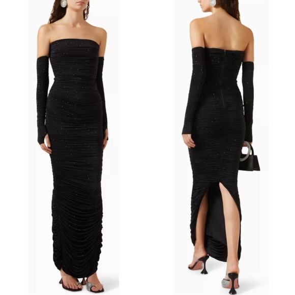 Alex Perry Hyland Crystal Embellished Strapless Ruched Black Maxi Dress Size 2 - Picture 3 of 14